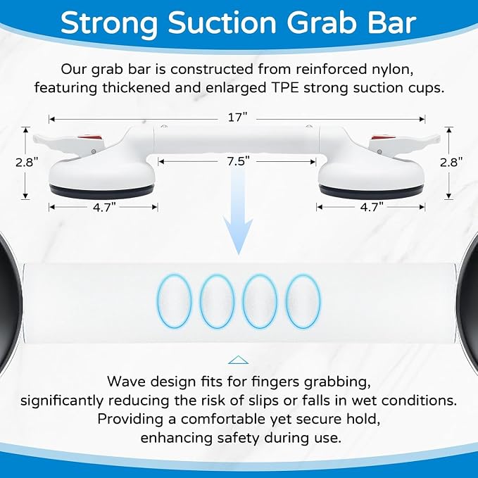 Suction Grab Bar for Shower Bathtub: Upgraded Heavy Duty Non-Slip Grip Handle with Strong Suction Cup for Bathroom Wall, Max Load 269LBS Safety Bar for Elderly Senior Disabled Handicap 17 Inch White