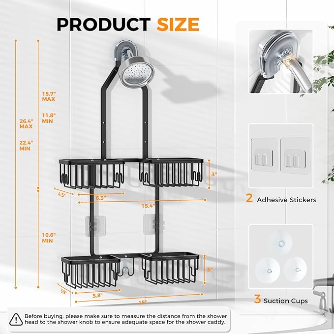 REINHARDT Aluminum Shower Caddy Hanging Adjustable Shower Caddy, Rustproof Hanging Shower Organizer with Hooks Soap Holders, Over Shower Head Caddy for Handheld Showerhead, Black