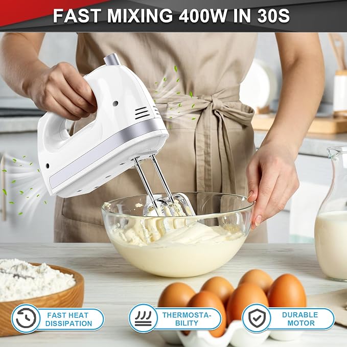 Lord Eagle Hand Mixer Electric Handheld 400W, 5-Speed Lightweight Kitchen Mixer with Stain-resistant & Waterproof Storage Bag, 5 Stainless Steel Attachments for Baking Cake Egg Cream Food Beater