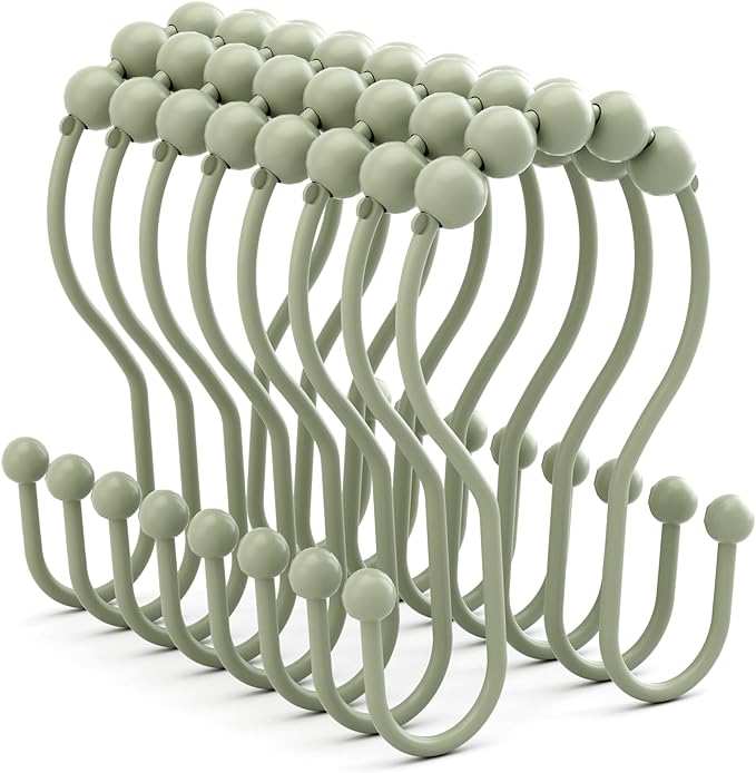 Bathway Sage Green Shower Curtain Hooks Shower Curtain Rings Rust Proof Sturdy Metal Double Shower Curtain Hooks, Shower Hooks for Shower Curtain Bathroom Shower Rod Hooks Hangers