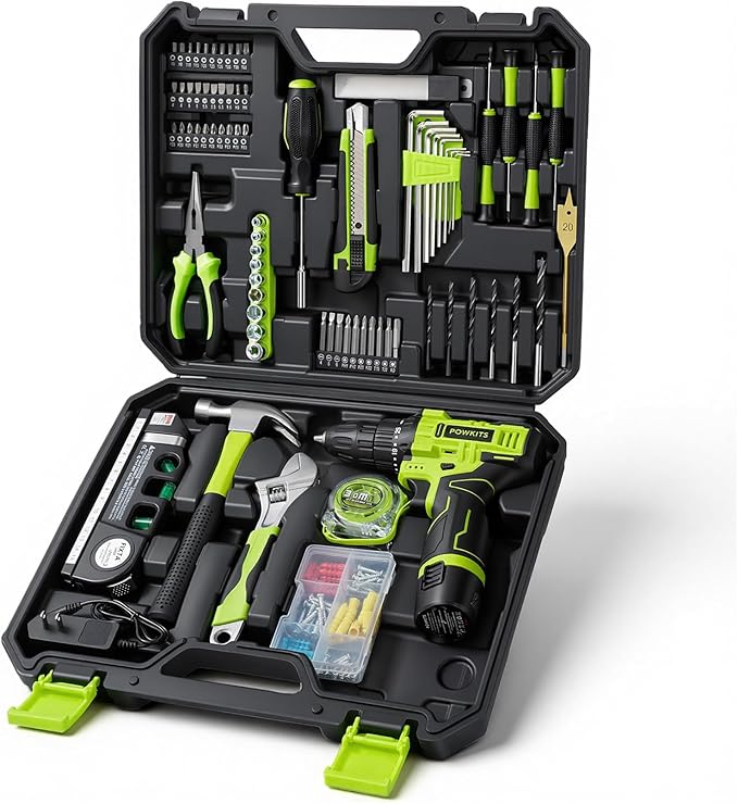 Cordless Drill Tool Set: 12V Power Drill Tool Kit with Battery & Charger, Portable Household Basic Drills Case for Men & Women, Homeowner, Diyer, Handyman, Electric Drill Set 142 Piece, Green