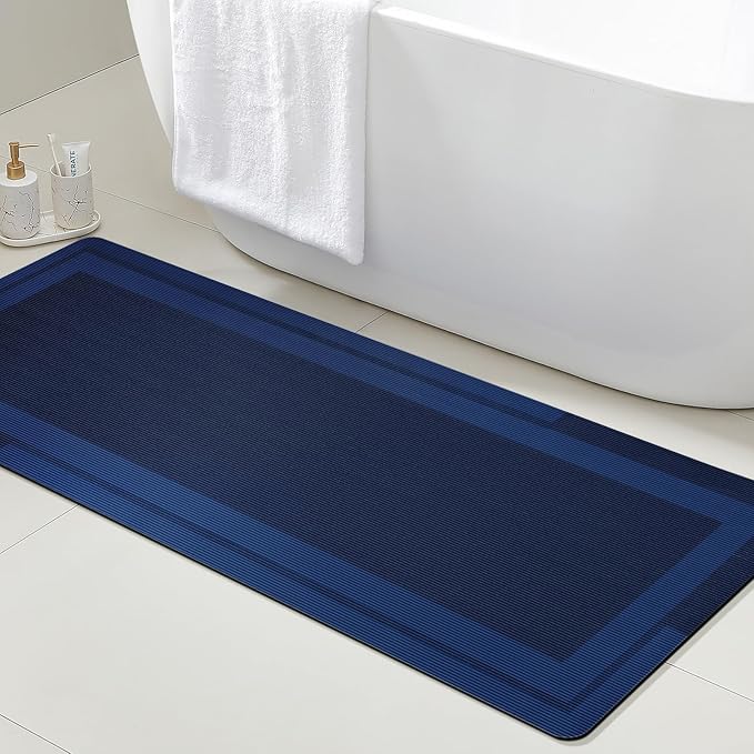 ACCUMTEK Non Slip Bath Mat, Thin Bathroom Rugs Fit Under Door, Quick Dry Bath Mats, Machine Washable Bath Rugs for Bathroom, Bathtub & Kitchen, Bathtub, Dark Blue/Bordered/48 x20