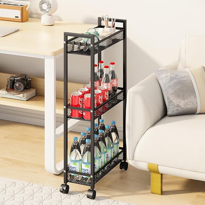 YASONIC Slim Rolling Storage Cart, Metal 3 Tier Bathroom Storage Organizer Laundry Room Utility Cart for Kitchen, Bthroom, Makeup, Craft, Laundry Narrow Places, Black