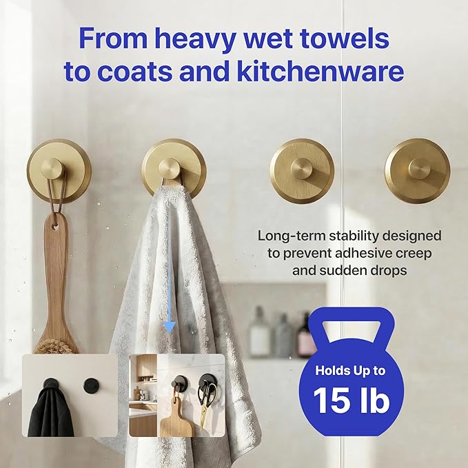 HOME SO Suction Cup Hooks for Shower & Bathroom Towel Holder 4-Pack – Suction Cups Hooks for Hanging Towels, Robes, & Coats - Tiles, Glass Door or Mirror – Shower Hooks & Towel Hooks Organizer - Gold