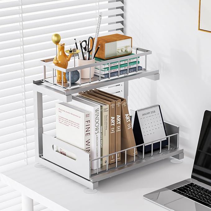 Under Sink Organizer, Heavy Duty Metal Pull Out Cabinet Organizer Slide Out Sink Shelf Organizer Height Adjustable, Multi-Purpose Storage Shelf for Kitchen Bathroom(Sliver,2Pack)