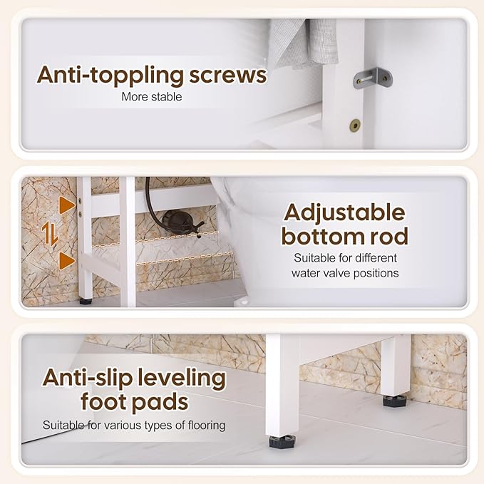 Cozivolife Over The Toilet Storage: 4-Tier Bamboo Organizer Rack with 2 Baskets & Paper Holder & 4 Hooks & Waterproof Feet Pad, Adjustable Freestanding Shelf for Bathroom (White)