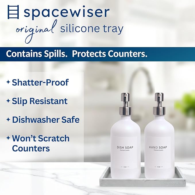Spacewiser Countertop and Vanity Tray - Small 7.7” Silicone Tray for Soap Dispenser Bottles, Sponge Holder for Kitchen Sink Caddy Organizer, Bathroom Trays, Dish Soap Holder for Kitchen Counter, Keys