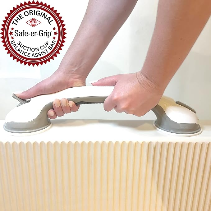 Safe-er-Grip Changing Lifestyles Suction Cup Grab Bars for Bathtubs & Showers; Safety Bathroom Assist Handle,White & Grey,16 Inches,(Pack of 3)