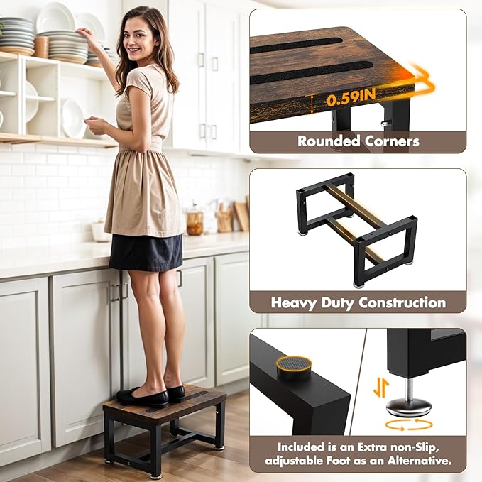 Step Stool, NomNest Height-Adjustable Wooden Step Ladder Metal Foot Stool Small Kitchen Stool Helper for Toddler Adults, Ladder Chair for Home Bedside Bathroom Sink Potty