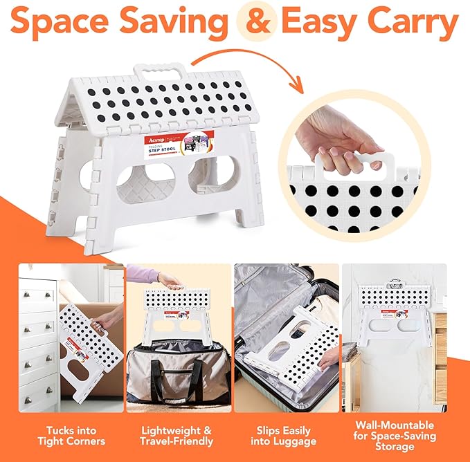 ACSTEP Folding Step Stool 9 Inch,15-Inch Extra Wide Heavy Duty Stepping Stool More Safe and Comfortable Non Slip Foldable Step Stool for Kids and Adults White