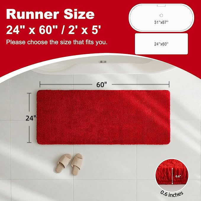 TYUU Bathroom Runner Rug, Ultra Soft Long Bath Mat Machine Washable Super Absorbent Quick Dry Bathroom Runner Rugs 24 x 60 Non Slip, Red 24" x 60"