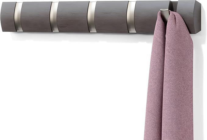 Umbra Flip Wall-Mounted Coat Rack with 5 Hooks – Modern, Space-Saving Storage for Hats, Jackets, Bags, Entryway, Mudroom, Closet, Bathroom, Bedroom – Driftwood/Nickel