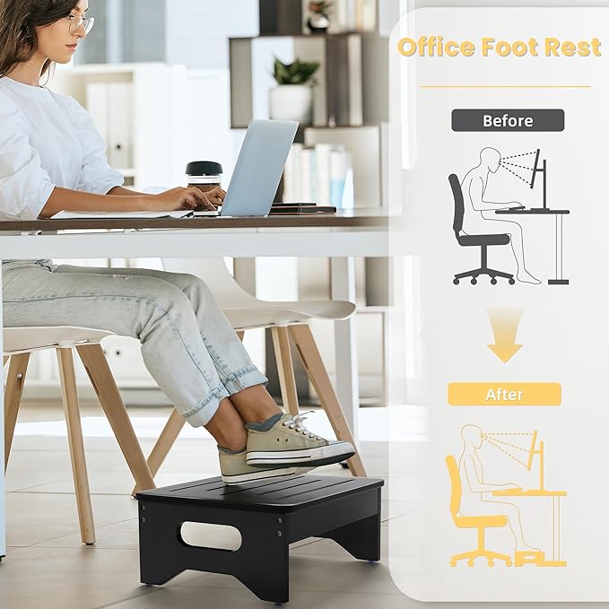 Wooden Step Stool for Adults & Kids, Non-Slip Rubber Feet, 6.5 INCH High, Lightweight Small Step, 450 LBS Capacity, Bed Step Stool for High Bed, Bathroom & Kitchen (Black)