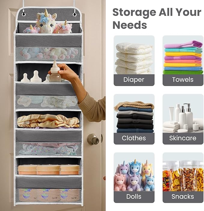 Ease of Assembly Over The Door Organizer,4 Shelves & 4 Side Pockets,Anti Tilt Hanging Behind Door Storage, Heavy-Duty Reinforced Mesh Rack Holds 44lb for Bathroom,Pantry, Nursery,Closet, Shoes, Towels
