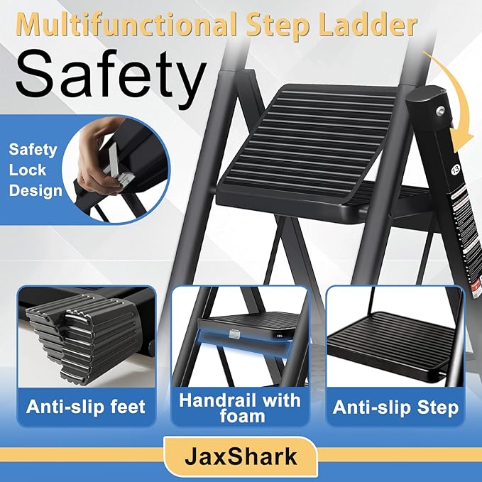 4 Step Ladder Folding Step Stool with 500LBS Capacity Sturdy Carbon Steel Frame Anti-Slip Thick Pedal & Feet Portable for Home Kitchen Garage (black-4step)