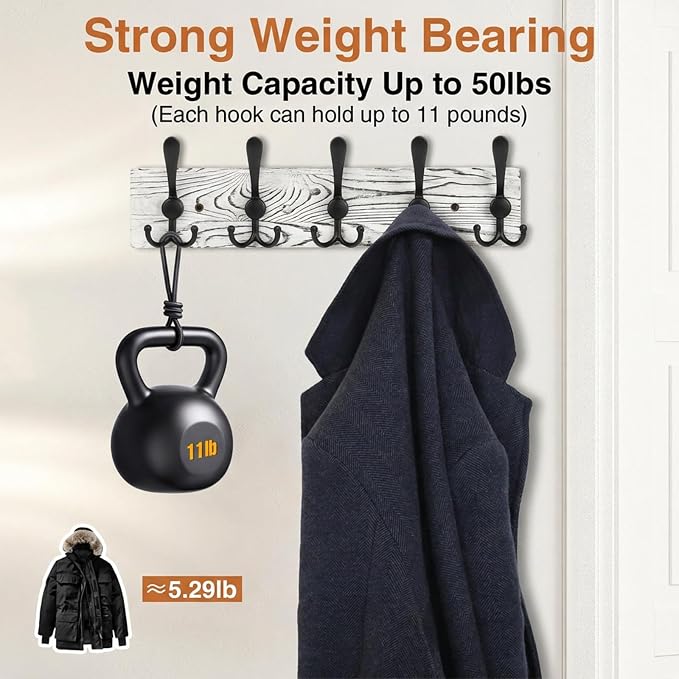 Wooden Coat Rack Wall Mount Heavy Duty, 2 Pack Coat Hanger Wall Mount with 5 Triple Hooks for Clothes, Jacket, Hat, Keys, Space Saving Entryway Organizer for Mudroom (Whte Plate & Black Hooks)