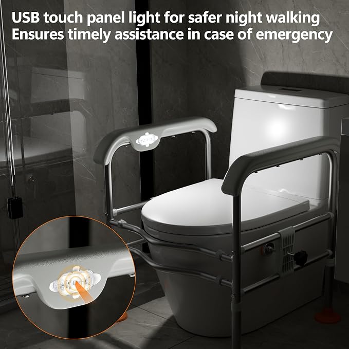 Emergency Alert Toilet Safety Rails for Seniors (665lbs), Adjustable LED Toilet Frame with Call Bell & Handles for Elderly, Foldable Handicap Toilet Aid Support for Most Toilets, Stand Up Assist