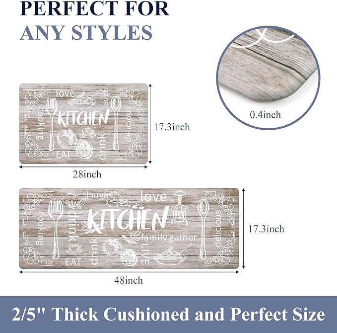 HEBE Kitchen Rugs Set of 2, Cushioned Anti Fatigue Kitchen Mats for Floor, Non Slip Waterproof Comfort Standing Desk Mat Carpet for Sink, Stove, Laundry Room