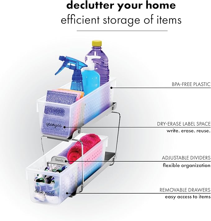 madesmart Mini 2-Tier Organizer, Multi-Purpose Slide-Out Storage with Handles and Dividers for Home and Bath, Frost