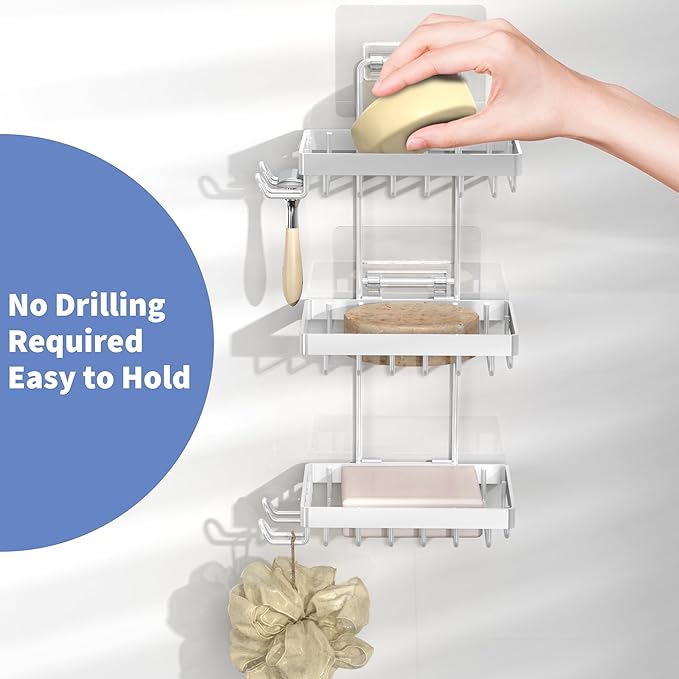 Moforoco 3-Tier White Soap Bar Holder for Shower, No Drilling, 304 Stainless Steel, Wall Mounted Soap Holder with 4 Hooks and Razor Holder, Shower Rack Soap Tray Bar Soap for Bathroom Accessories