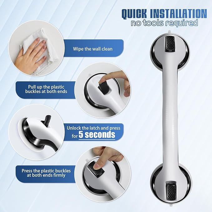 16 Inch Grab Bars for Bathtubs and Showers, 2 Pack Shower Handles for Elderly with Strong Suction, Bathroom Shower Safety Bars for Seniors and Disabled for Wall