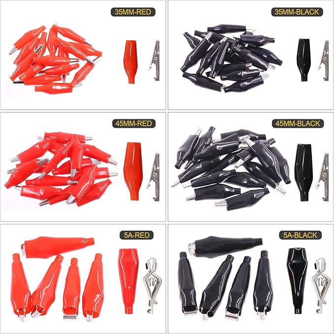 108 Pcs 10 Type Metal Alligator Clip Clamp Assortment Kit Red Black Crocodile Electrical Test Clamps Connector Jumper Helper with Protective Insulation Cover