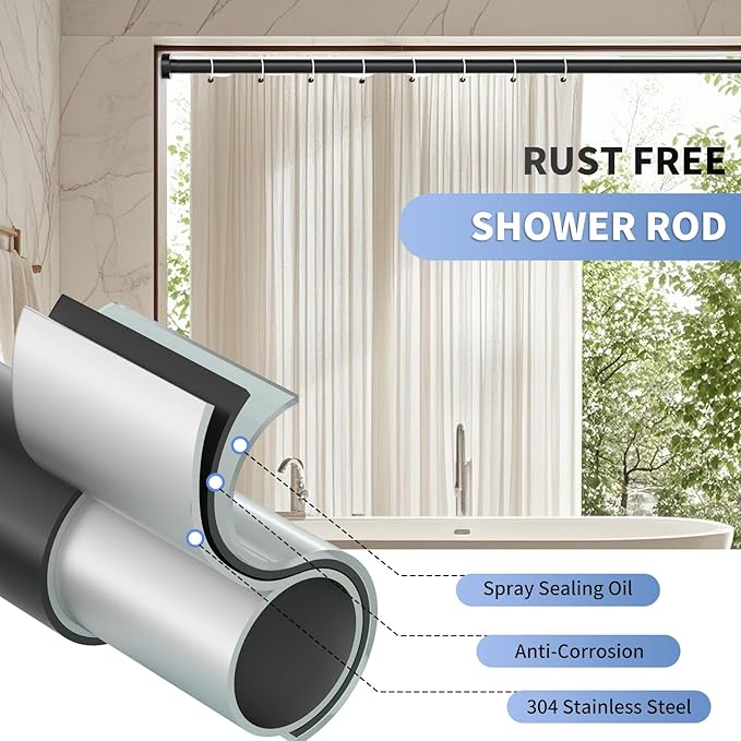 Black Shower Curtain Rod 34-82 Inches(2.8-6.8ft) Never Rust Adjustable Shower Rod Spring Tension Non Slip No Drilling Shower Rods for Bathroom Garland Window