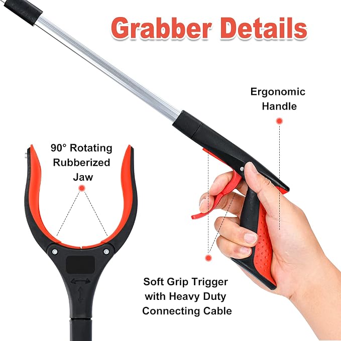 Grabber Reacher Tool,32 Inch Extra Long Foldable Pick Up Stick with Strong Grip Magnetic,360°Rotating Anti-Slip Jaw,Trash Claw Grabber Tool,Trash Picker Tool for Outdoor & Indoor(Red)