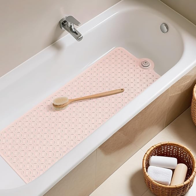 OTHWAY Bath Mat for Tub Non Slip: 39" X 17" Long Bathtub Mat with Hair Catcher│Big Drain Holes Shower Mats for Inside Shower│Machine Washable (Pink)