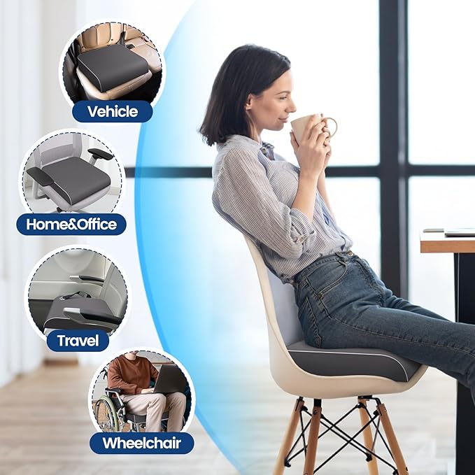 SweetSlubr Seat Cushion for Tailbone Pain Relief, Office Chair Cushion, Memory Foam Large Chair Cushion with Non-Slip Cover for Soft Support at Office Chair, Car Seat, Airplane Grey/Large