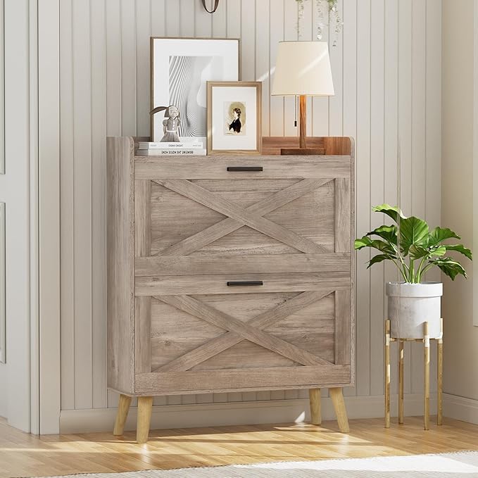 Homleke 32" W Farmhouse Shoe Storage Cabinet with 2 Flip Drawers and Barn Door Design, Adjustable Shelves, Modern Hidden Slim Narrow Shoe Rack Cabinet for Entryway, Foyer, Hallway, Living Room, Greige