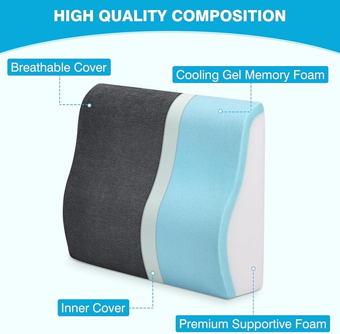 Back Support Pillow for Recliner Dual Layer Lumbar Support Pillow with Gel Memory Foam Ergonomic Orthopedic Lumbar Cushions for Elderly Lower Back Pain Relief Washable Cover Dark Grey