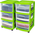 HOMZ 2-Pack Drawer Tower, 3-Tier Clear Plastic Storage Organizer Cart, Bold Lime Frame - Organizing Containers with Wheels for Home, Bathroom, Bedroom, Office, and Classroom