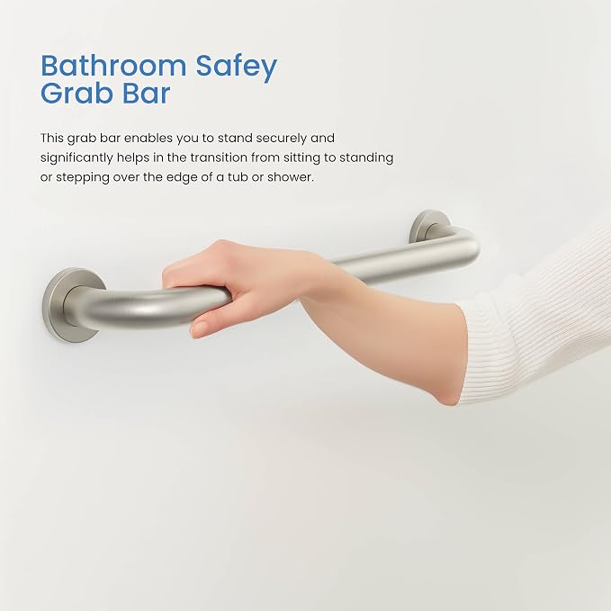 KIBI 12 Inch Stainless Steel Bathroom Safety Grab Bar | Curved Shaped Grab Bar for Bathtubs and Showers, Bathroom Grab Bars for Seniors, Wall Mounted Anti-Slip Support - Brushed Nickel (KGB1012)