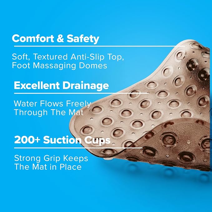 SlipX Solutions Power Grip Extra Long Bath Tub & Shower Mat 39x16, Wet Floor Non-Slip for Elderly & Kids Bathroom, 30% Longer Bathtub Mats, 200 Suction Cups, Drain Holes (1, Translucent Bronze)