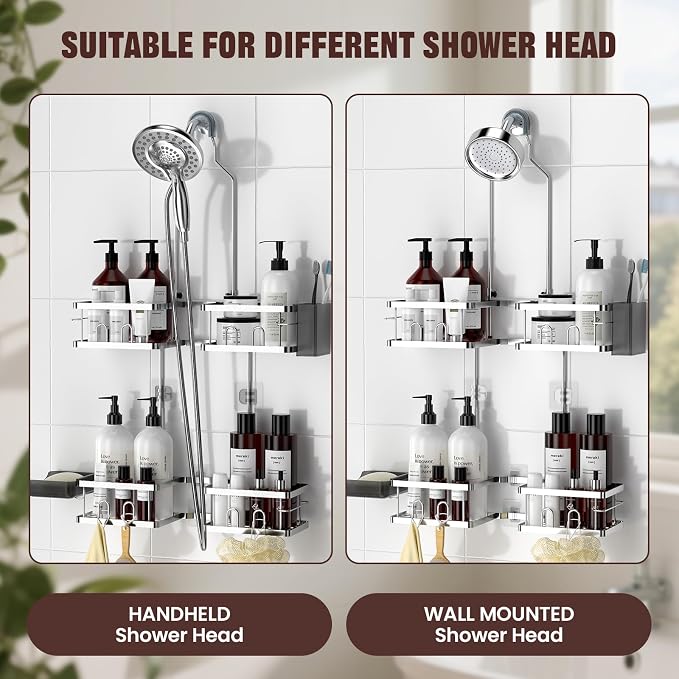 REINHARDT Adjustable Shower Caddy Hanging Rustproof Shower Caddy for Handheld Showerheads, Shower Organizer with Hooks Soap Holder, Anti-Swing Shower Rack Bathroom Accessories, Silver
