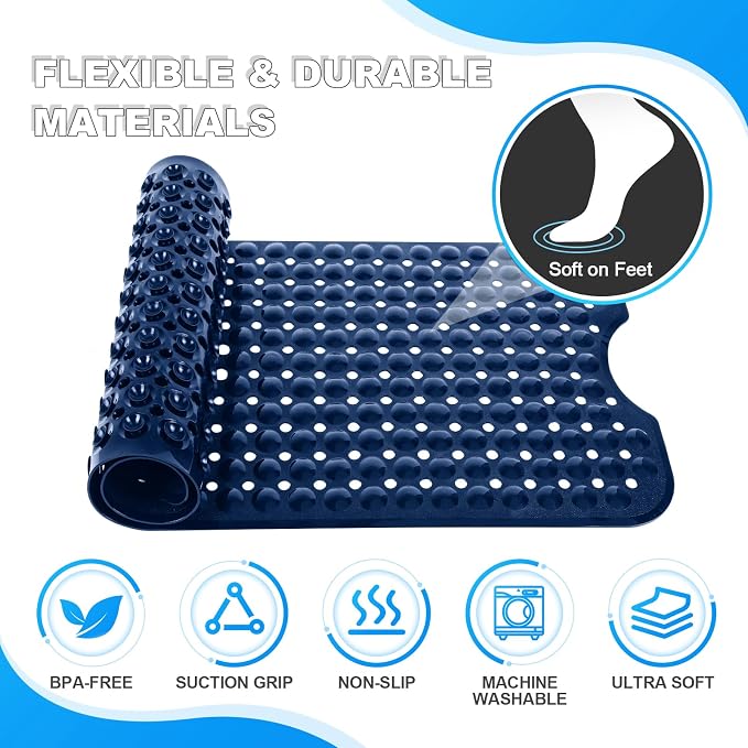 Bathtub and Shower Mats, 40x16 Inch Extra Large Non Slip Soft Bath Tub Mat with Suction Cups and Drain Holes for Bathroom Floor and Keep Tubs Clean, Machine Washable, Navy Blue