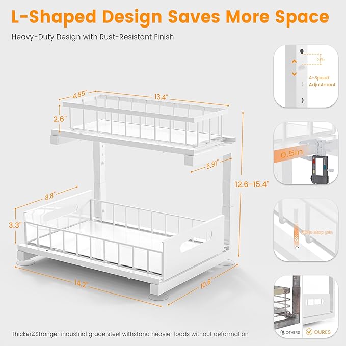 Under Sink Organizer, Heavy Duty Metal Pull Out Cabinet Organizer Slide Out Sink Shelf Organizer Height Adjustable, Multi-Purpose Storage Shelf for Kitchen Bathroom(White,2Pack)