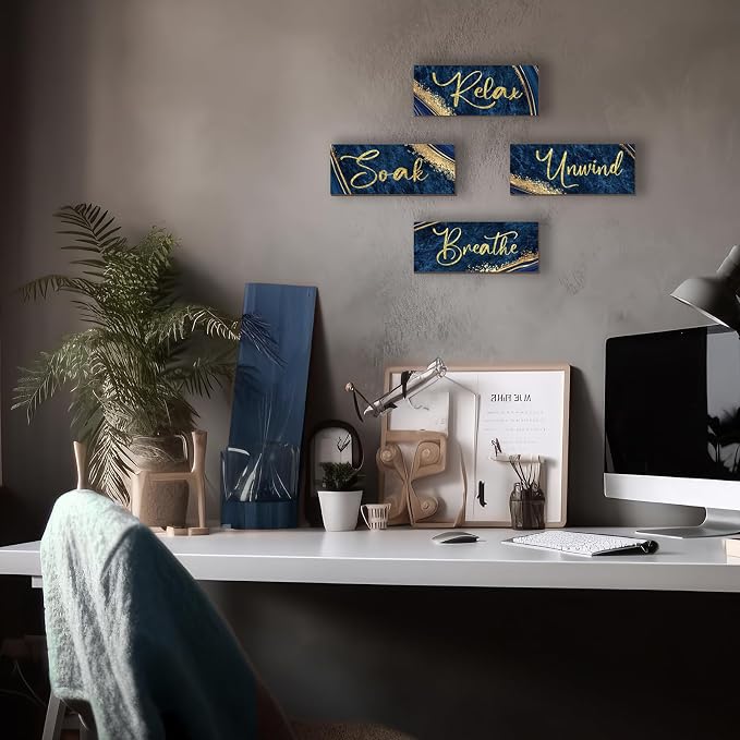 ONIZHITY 4 Pcs Blue and Gold Bathroom Decor Navy Blue Gold Wall Decor Relax Soak Unwind Breathe Wooden Rustic Marble Style Versatile Bathroom Accessories for Bedroom Living Room Decor(10X4)