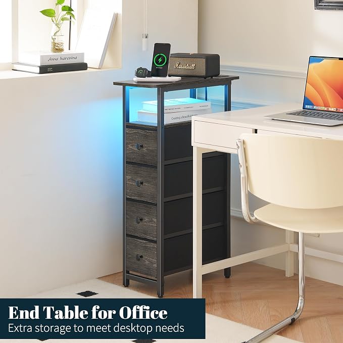 Yoobure LED Narrow Nightstand with Charging Station - Slim Dresser for Bedroom Narrow Side Table Storage Cabinet, Small Dressers Chest of Drawers, Tall Skinny Night Stand End Table for Small Spaces
