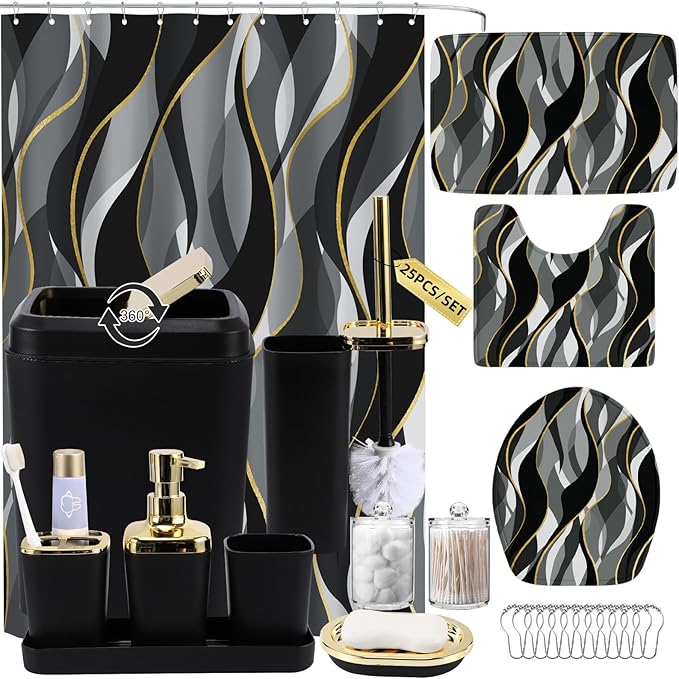 XLHOMO Bathroom Set - Black and Gold Bathroom Accessories, Bathroom Sets with Shower Curtain and Rugs, Black Shower Curtain Set with Bathroom Trash Can, Soap Dispenser, Soap Dish for Home Decor