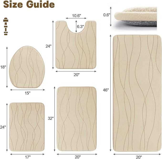 YIHOUSE Memory Foam Bathroom Rug Sets, Khaki, 5 Piece | Ultra Soft, Absorbent, Non-Slip, Machine Washable
