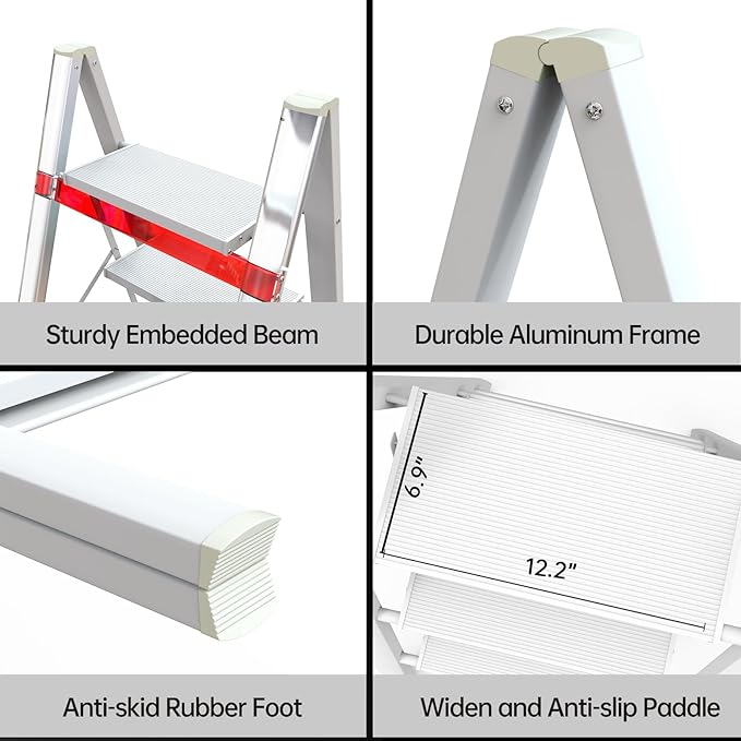 Aluminium 3 Step Ladder Folding Stool-330lb Capacity Ladders with Anti-Slip Wide Pedal Portable Kids/Adults, Lightweight Ladder, Portable Multi-use Scene for Home/Kitchen/Office/Garden/Yard