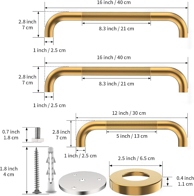 3 Pack Anti Slip Safety Grab Bar Bundle, Munzong 12" 16" 16" Gold Commercial Bathroom Grab Bar, Shower Balance Bar, Handicap Stainless Steel Hand Rail for Elderly Injury Senior Assist Bath Handle