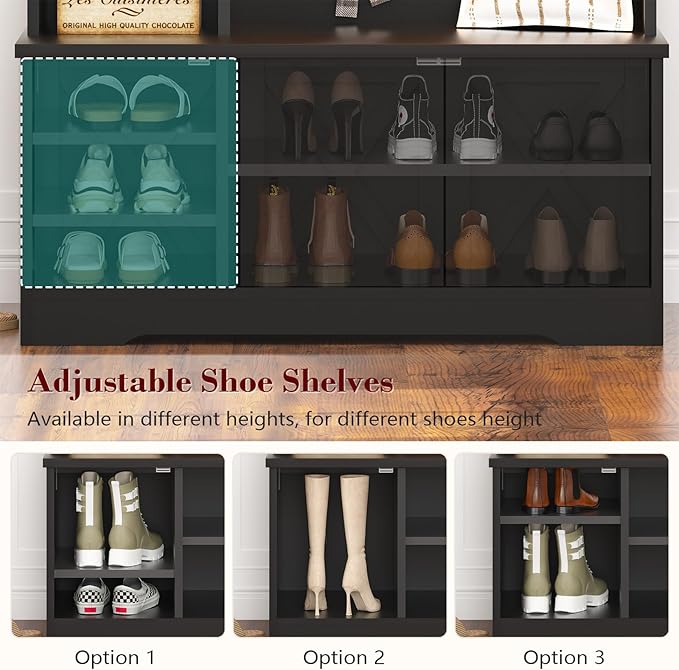 CSZZD Hall Tree with Bench and Shoe Storage, Farmhouse Entryway Bench with Coat Racks and Led Lights, Black Tall Hall Tree with 7 Coat Hooks, 6 Storage Cubbies, Adjustable Shelf