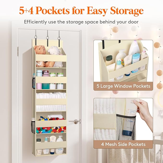 Lifewit 1 Pack Over the Door Organizer, Clear Window Hanging Storage with 4 Side Pockets, Anti Tilt 40 lbs Load Behind Door for Pantry, Nursery, Bathroom, Bedroom, Dorm, 5 Section, Beige