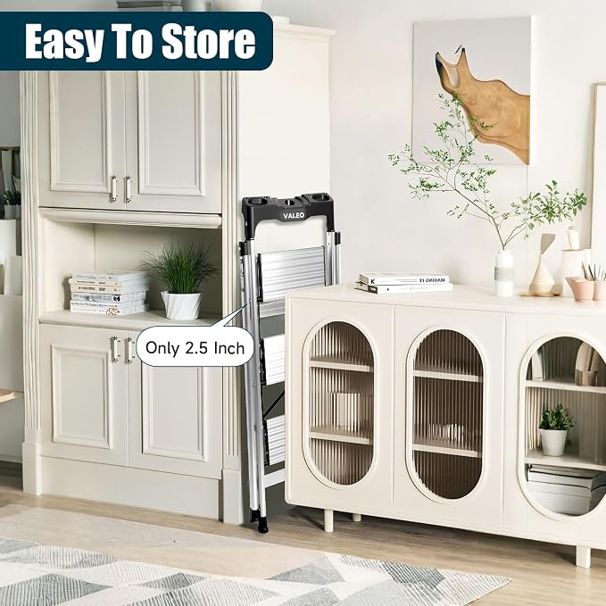 Valeo Aluminium 3 Step Ladder with Retractable Handgrip,Anti-Slip Pedal,330 lbs Capacity,Folding Step Stool for Kitchen, Garage, Home, Space Saving, Sturdy and Portable, Silver