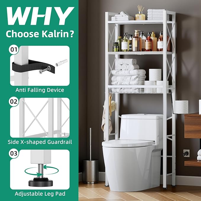 Kalrin Over The Toilet Storage with X Shape Side Guardrail, 3-Tier Over Toilet Storage Rack with Drain Basket, Freestanding Bathroom Organizer for Balcony Laundry, Pure White