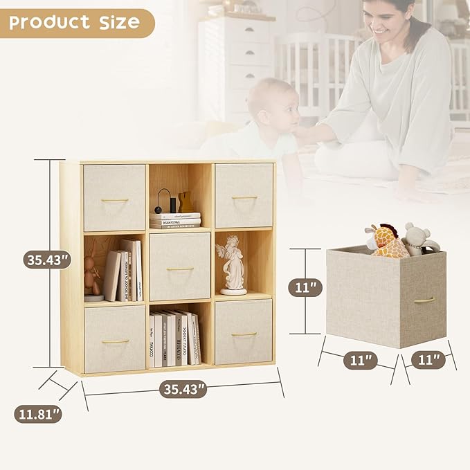 EXPERLAM 9 Cube Storage Organizer - Solid Wood Bookshelf with 5 Storage Bins, Cube Shelf with 3 Removable Back Panels, Vertical or Horizontal Bookcase, Open Book Shelf for Bedroom, Living Room, Office