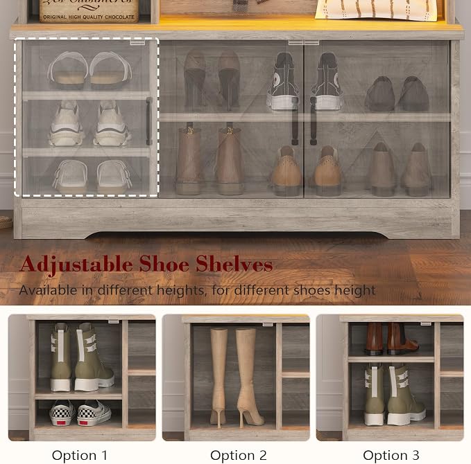 CSZZD Hall Tree with Bench and Shoe Storage, Farmhouse Entryway Bench with Coat Racks and Led Lights, Tall Hall Tree with 7 Coat Hooks, 6 Storage Cubbies, Adjustable Shelf, Gray